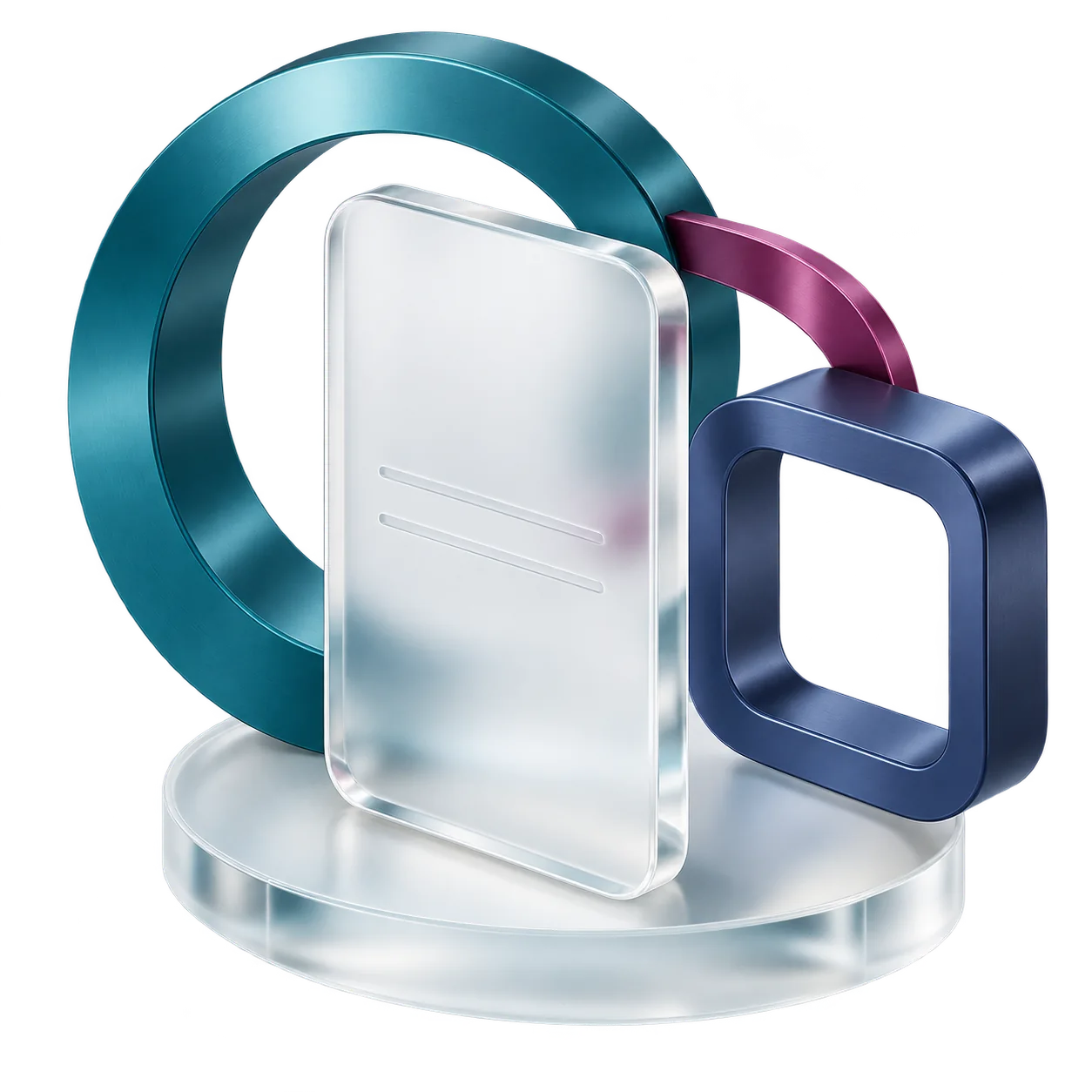 Teal and indigo architectural frames around a frosted pane, joined by a magenta band.