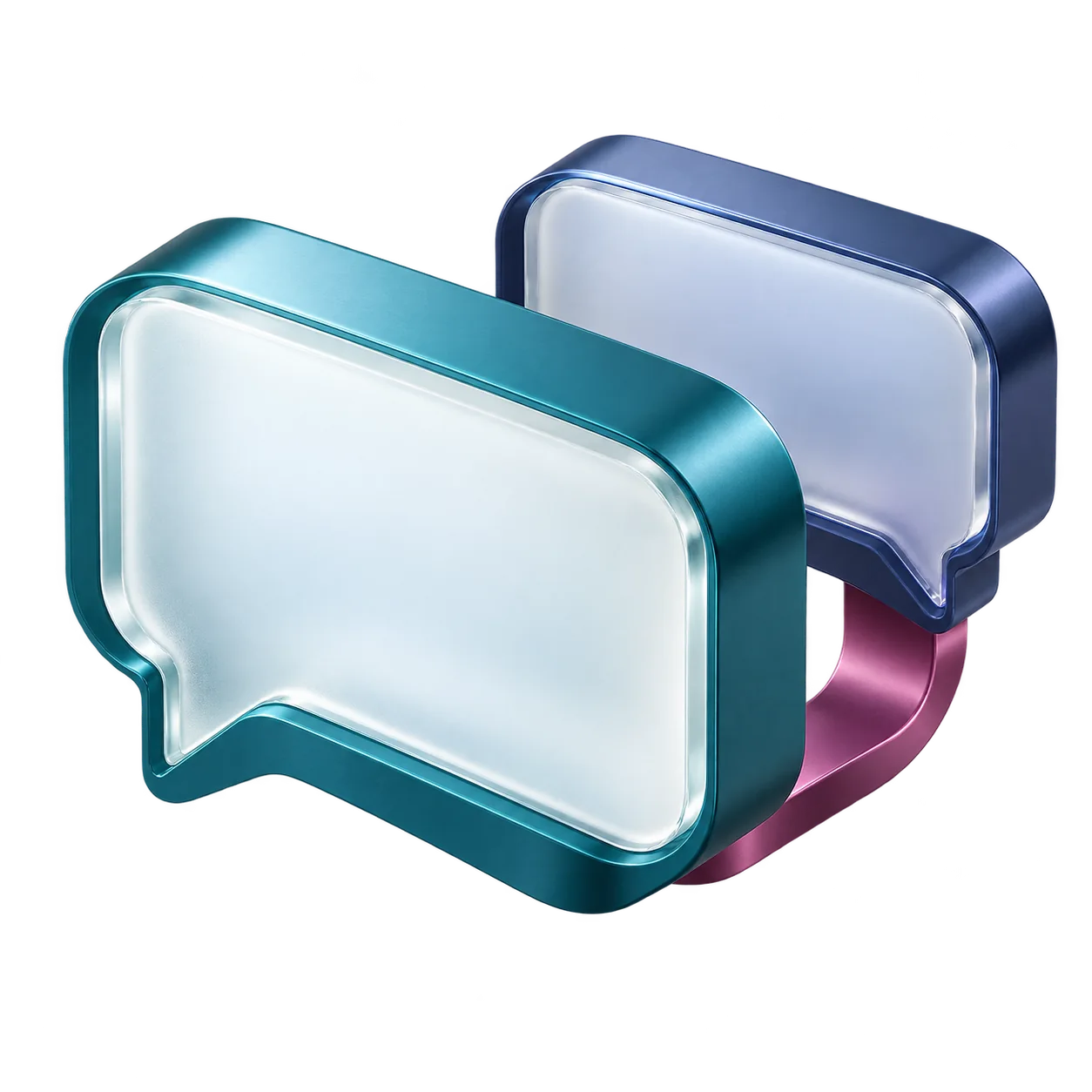 Two frosted conversation panes in teal and indigo, connected by a magenta curve.