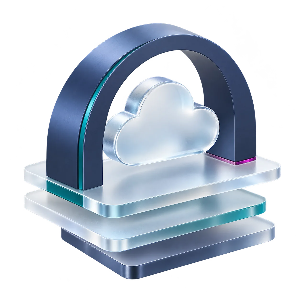 An indigo architectural arch around a glass cloud, above three translucent infrastructure layers.