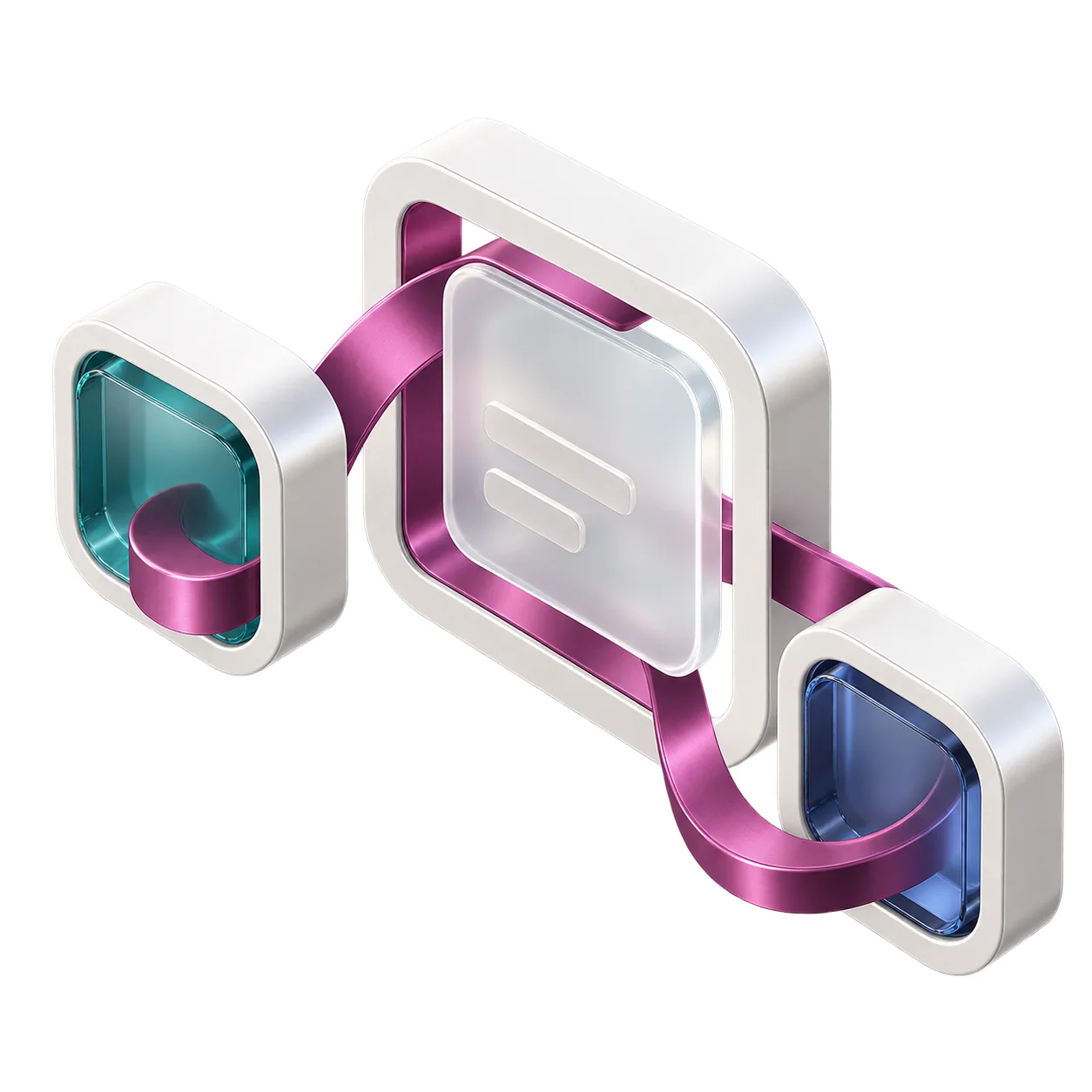 Three frosted-glass frames connected by a continuous magenta ribbon, with teal and indigo panes.