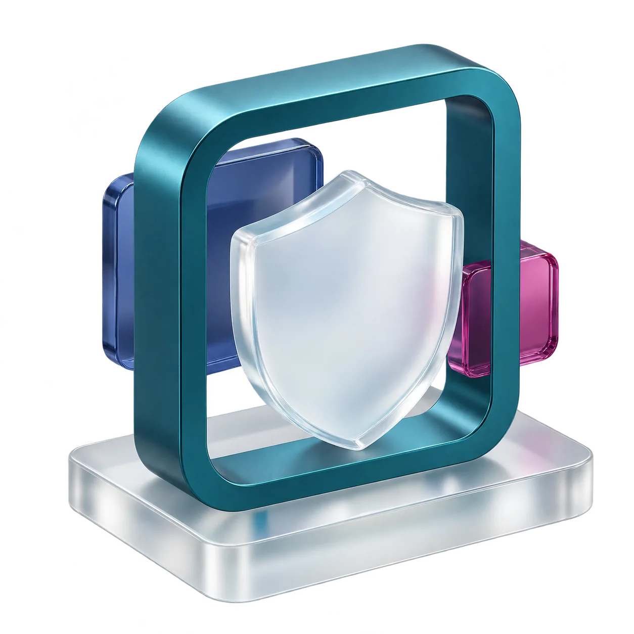 A teal architectural frame around a frosted-glass shield, with indigo and magenta layers.